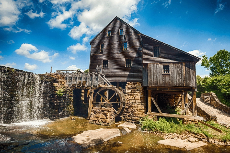 Historic Yates Mill Park in Raleigh, NC on a sunny day